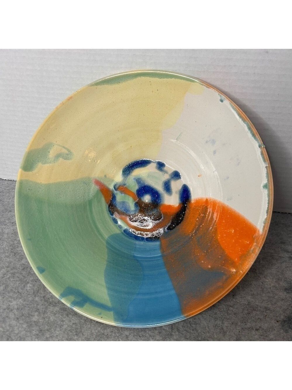 Stoneware Handthrown Pottery Serving Bowl Blue Green Orange Signed 10-1/4x3.5”